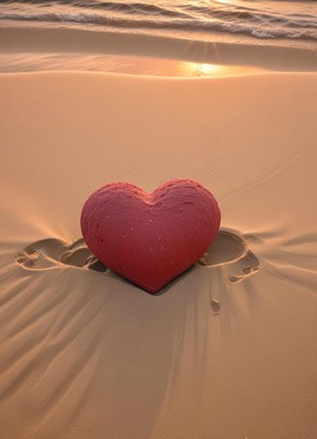 Heart-shaped object rests on the sandy beach at sunset