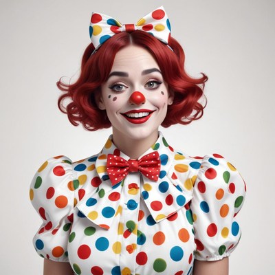 Smiling clown with colorful polka dot outfit poses happily