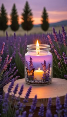 Lavender candle shines in a field at sunset