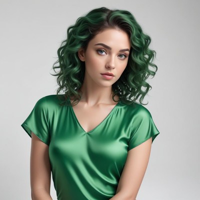 Woman with curly green hair in elegant attire poses