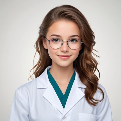 Young woman wearing glasses and a lab coat in a clinic