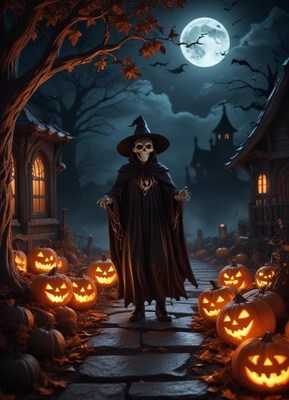 Skeleton in a witch costume at a spooky pumpkin path