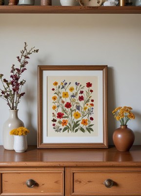 Botanical art display on wooden shelf with vases