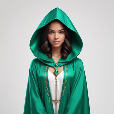 Woman in green cloak standing confidently with hood