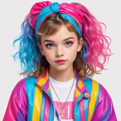 Young girl with vibrant hair and colorful outfit in studio