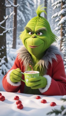Green character enjoys hot drink in snowy forest setting