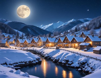 Winter night in a snowy mountain village