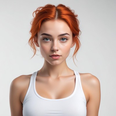 Confident young woman with bright red hair in white top