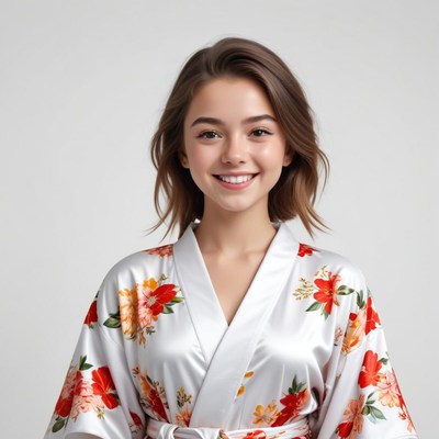 Young woman smiling in floral robe on plain background