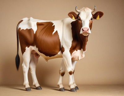 Brown and white cow on a plain background