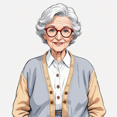 Cheerful elderly woman in glasses wearing a cardigan