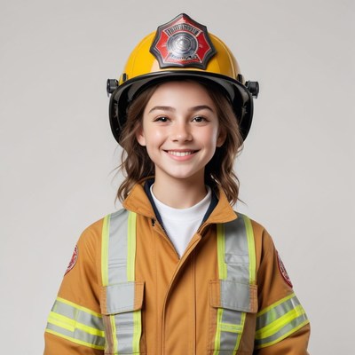 Young firefighter smiles in uniform with helmet