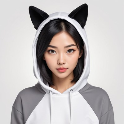 Young woman in a cat-themed hoodie with ears