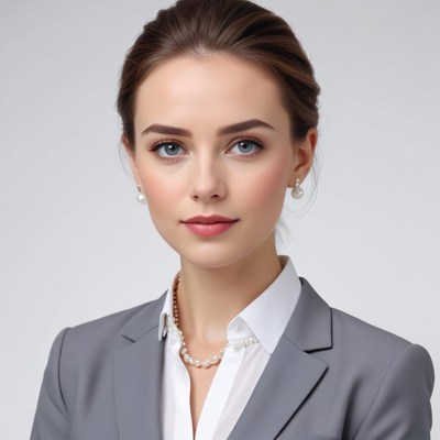 Confident businesswoman in gray suit with pearls