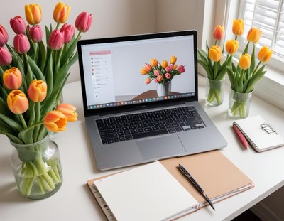 Bright workspace with tulips and a laptop during the day