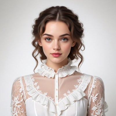 Elegant young woman posing in a refined white blouse