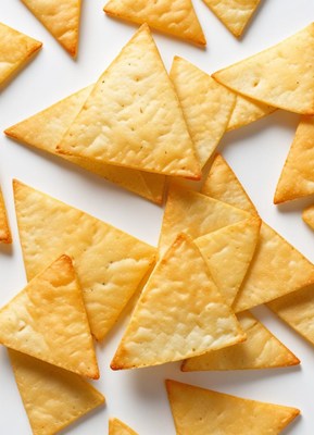 Crispy triangle-shaped snack pieces on a white surface