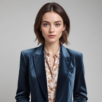 Professional woman posing in elegant attire and blazer