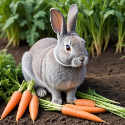 Rabbit sitting in garden with fresh carrots around it