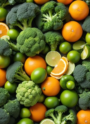 Fresh green and orange produce arranged in a vibrant display