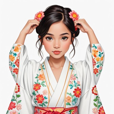 Young girl in beautiful kimono with flowers in hair