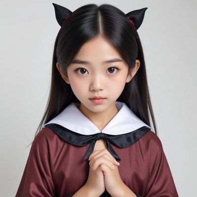 Child in a playful costume with cat ears and a cloak