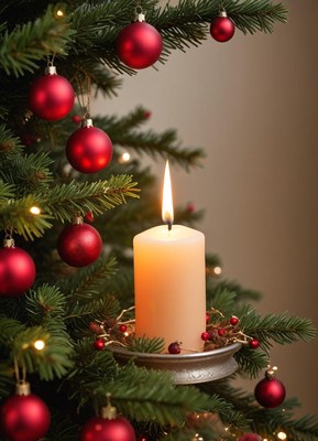Candlelight shining on a decorated christmas tree