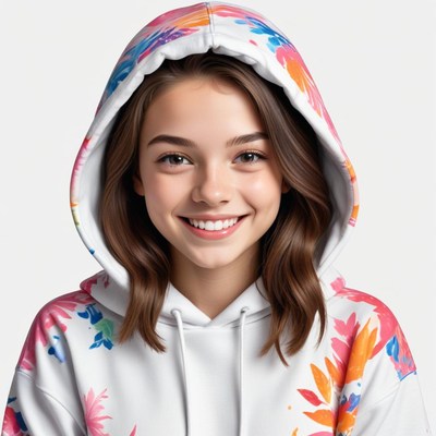 Cheerful girl in colorful hoodie smiles warmly
