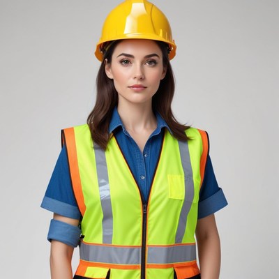 Safety worker wearing bright gear in studio setting