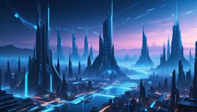 Futuristic cityscape with glowing towers at twilight