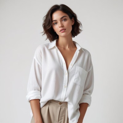 Model poses in casual fashion outfit with neutral tones