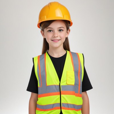 Young girl in high visibility clothing and helmet, smiling