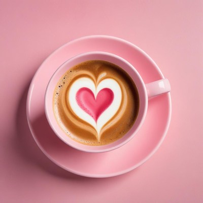 Delicious latte art in a pink cup with heart design
