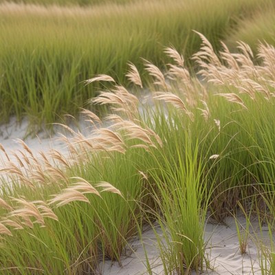 Tall grass sways gently in a coastal landscape
