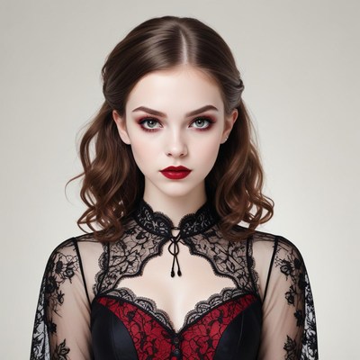 Elegant woman in black and red attire with striking makeup