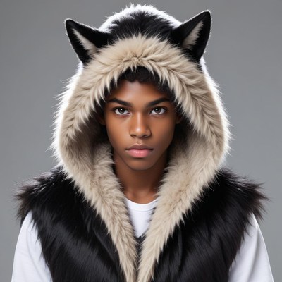 Model wears stylish black and white fur hood
