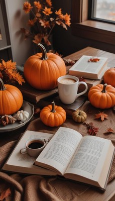 Cozy autumn setting with pumpkins and coffee drink
