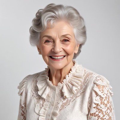 Senior woman smiles warmly in elegant lace outfit