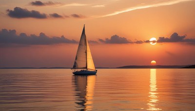 Sailing into the sunset on calm waters at dusk