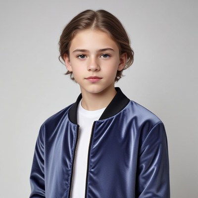 Stylish young boy in a sleek blue jacket