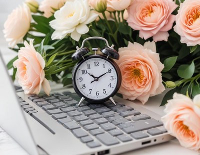 Clock with flowers on laptop keyboard during work hours