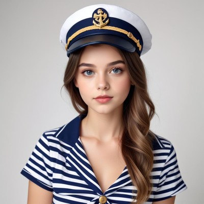 Young woman poses in sailor outfit with captain hat