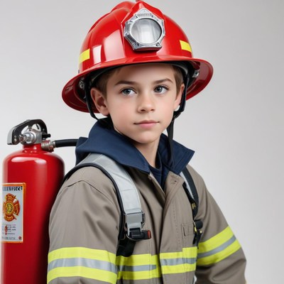 Young firefighter ready for action with gear on display