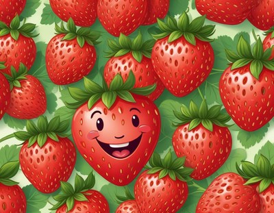 Smiling strawberries on a green background in sunny setting