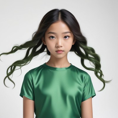 Young girl with flowing hair in green shirt
