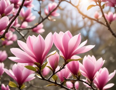 Blossoming pink magnolia flowers in spring sunlight