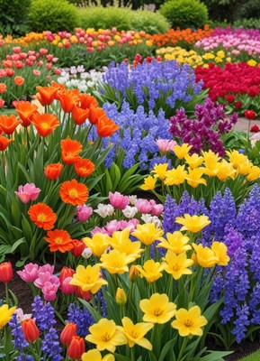 Colorful spring garden filled with blooming flowers