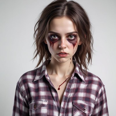 Woman with spooky makeup in plaid shirt at studio