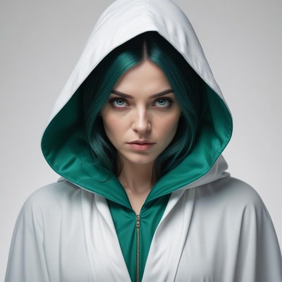 Mysterious figure in a hooded cloak with striking hair