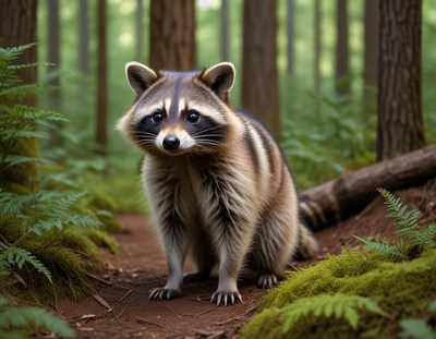 Raccoon exploring forest path among tall trees